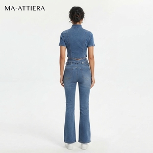 Ensemble haut en jean et jean évasé pour femme, col montant, manches courtes, détail croisé, coupe ajustée, tenue tendance deux pièces - Product Image 2