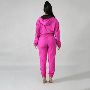 Ensemble de survêtement rose à capuche pour femme, manches longues, fermeture éclair, pantalon de jogging sportif avec poches latérales, polyester respirant, idéal pour le printemps - Product Image 2