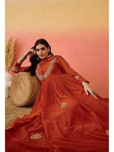 Ensemble Anarkali brodé orange en Georgette avec Dupatta à sequins pour femme, tenue de mariage et de fête, Inde Pakistan - Product Image 3