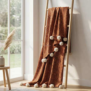Plaid en coton slub terracotta 130x170 cm, style bohème, tissé uni, lourd, avec pompons et franges, toucher doux, pour la décoration - Product Image 1