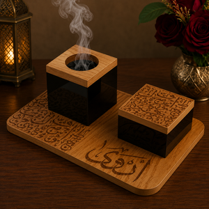 Ensemble brûleur à bakhoor moderne en rotin et bois avec coupelle métallique, boîte de rangement carrée pour oud et plateau, Mabkhara arabe pour la décoration du Ramadan et de l'Aïd - Product Image 5