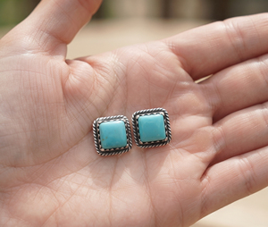 Natural <b>Turquoise</b> Cabochon Silver Stud Earrings Women's Sterling Silver Jewelry for Anniversary Party Gift Lovers Occasions - Product Image 5