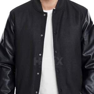 Blousons Bomber Varsity en Cuir Noir pour Hommes, Manches en Cuir, Logo Personnalisé sur le Devant, Respirant, Coupe-Vent, pour l'Hiver et les Activités de Plein Air - Product Image 5