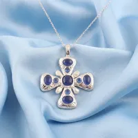 Pendentif Croix Vintage Chrétien en Laiton Plaqué Argent 18 carats avec Pierre Naturelle (Jade, Calcédoine, Quartz, Perle)