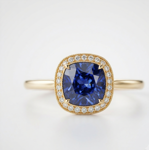 Anillo de Compromiso con Zafiro Azul y Halo de Moissanita, Plata de Ley 925 Chapada en Oro, Joyería para Mujer, Regalo - Product Image 1