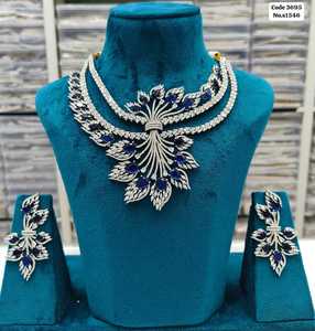 Elegant All-White Leaf Bouquet AD Accented <b>Statement</b> <b>Necklace</b> Set with Earrings Set For Women - Product Image 1