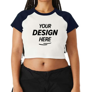 Camiseta Corta para Mujer, Lisa, de Color Sólido, Manga Corta, Cuello Redondo, Tejido Acanalado, Elástica, Informal para Uso Diario - Product Image 1