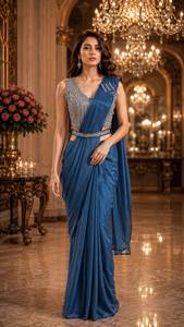 Elegante Sari de Seda Azul con Blusa Adornada para Bodas, Corte Regular, Largo hasta el Suelo, de la India y Pakistán - Product Image 1