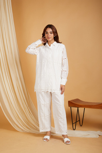 Conjunto de túnica larga y pantalones con bordado de ojales blancos, camisa con cuello abotonado, conjunto de dos piezas, ropa informal para mujer - Product Image 5