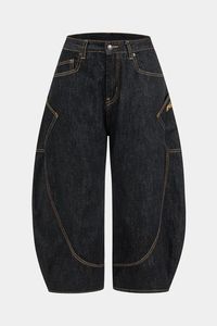 Jean en denim taille haute ample pour homme, coupe décontractée, style sarouel, avec poches plaquées, braguette boutonnée, couleur unie, en coton - Product Image 4