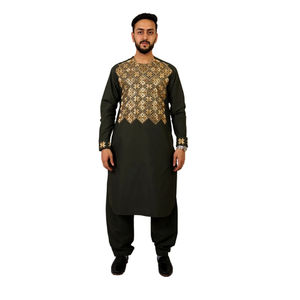 Nuevo Diseño Hecho a Mano, Elegante Traje Tradicional Masculino de 2 Piezas, Salwar Kameez de Algodón con Bordado Estampado, Transpirable y Ligero - Product Image 4