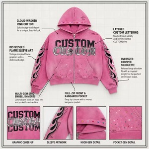 Hoodie rose personnalisé en coton, coupe oversize courte, fermeture éclair intégrale, orné de strass, style streetwear, fabricant, faible MOQ, 10 pièces minimum pour commande en gros - Product Image 5