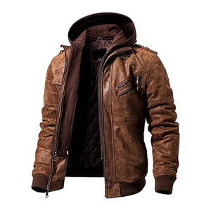Chaqueta de Motociclista de Cuero Marrón para Hombre, con Capucha Desmontable, Estilo Vintage, Cierre de Cremallera, Bolsillos, Ajuste Ajustable, Funcional - Product Image 1