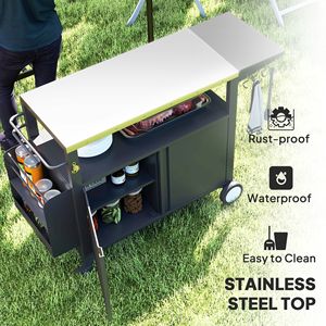 Tavolo Forno Pizza Mobile con Piano in Acciaio Inossidabile, Carrello Grill da Esterno con Tavolino Laterale Pieghevole e Ruote per Barbecue da Campeggio - Product Image 4