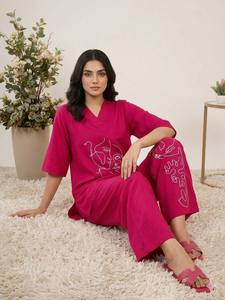 Salwar Kameez en coton rose pour femmes, coupe ample, longueur cheville, avec art dessiné à la main, style Inde Pakistan, vêtements décontractés - Product Image 2