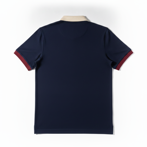 Polo de manga corta azul marino para hombre con cuello color crema y puños rojos, ropa casual, tejido piqué de algodón transpirable, corte regular. - Product Image 5