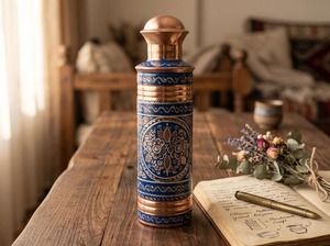 Bouteille d'eau en cuivre artisanale réutilisable, gourde traditionnelle en métal, flacon d'hydratation en cuivre de qualité supérieure pour la maison, le bureau et les voyages - Product Image 4