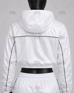Ensemble de survêtement décontracté 2 pièces pour femme, blanc, respirant, léger, effet délavé, veste courte zippée et pantalon large, idéal pour l'été - Product Image 4