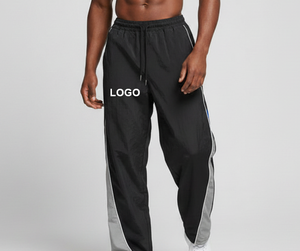 Pantalon de survêtement noir pour homme avec bande latérale grise, taille élastique et cordon de serrage, pantalon de sport décontracté en tissu tricoté respirant de poids moyen - Product Image 4