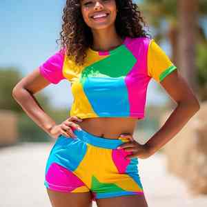 Conjunto de verano para mujer con blusa de cuello redondo y mangas con volantes de la mejor tela y minifalda con cintura fruncida y estampado digital. - Product Image 2