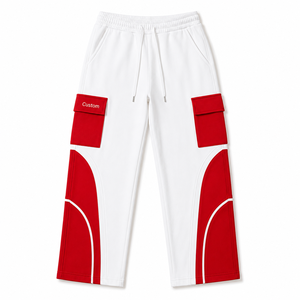 Pantalones Deportivos Cargo para Hombre, Blancos con Detalles Rojos, 100% Algodón, Forro Polar Ecológico, Bolsillos Utilitarios, Estilo Urbano, Joggers - Product Image 1