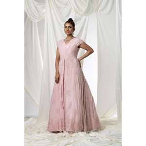 Modern Plus Size Designer Dusty Rose Pink Gown | High Quality V-Neck Floor-Length A-Line Evening Dress Crystal Cap Sleeves fits - Product Image 1