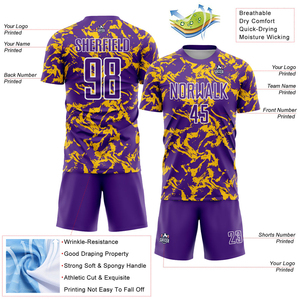 เสื้อฟุตบอลลายพรางสีม่วงเหลืองแบบกำหนดเอง พิมพ์ลายแบบ Sublimated คอกลม แขนสั้น สำหรับทุกเพศ ซับเหงื่อได้ดี เสื้อผ้าสำหรับผู้ใหญ่ - Product Image 2