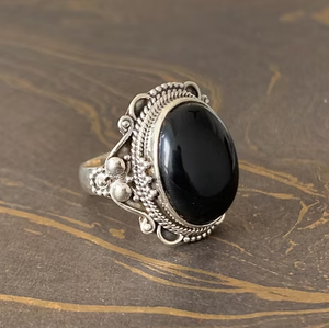 Elegant Black Onyx <b>Ring</b> 925 Sterling Silver Oval Cabochon Antique Design <b>Statement</b> Jewelry - Product Image 3