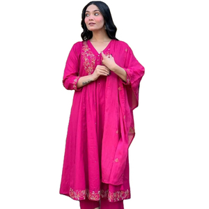 เปล่งประกายสดใสด้วยชุดคุर्ติผ้าไหมแฟนซีสไตล์อนารกาลี ไซส์ S ถึง XXL พร้อมกางเกงและผ้าคลุมไหล่ ราคาขายส่ง - Product Image 1