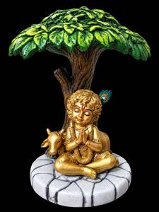 Estatua de Krishna Bajo el Árbol, Acabado Dorado, Escultura de Sobremesa, Decoración Religiosa para el Hogar, Regalo - Product Image 4
