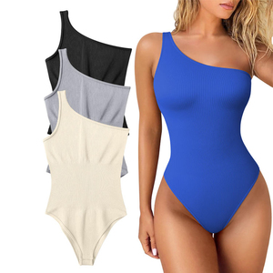 Body de punto de un solo hombro para mujer, de cintura alta, control de abdomen, faja moldeadora, color liso, sexy, para discoteca, primavera-verano, transpirable - Product Image 6