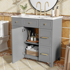 36-Inch Solid Wood <b>Bathroom</b> <b>Vanity</b> with Soft Close Doors Adjustable Shelves 3 Drawers & Double Ceramic Sink Grey - Product Image 3