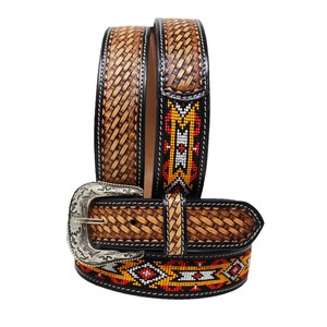 Cinturón Reversible de Cuero Vacuno con Patrón Geométrico de Cuentas y Hebilla Plateada Estilo Western, Cinturón de Cuero Casual de Estilo Étnico - Product Image 4