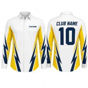 เสื้อเชิ้ตผู้ชายแขนยาวพิมพ์ลายแบบซับลิเมชั่น ผ้าโพลีเอสเตอร์ป๊อปลิน ปกคอเสื้อพับได้ ลายเพ้นท์มือ สีขาวเหลือง - Product Image 1