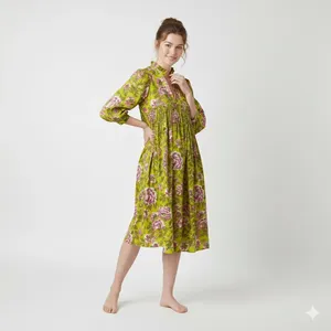 Women Yellow Floral Print Cotton Midi <b>Dress</b> With Puff Sleeve <b>Loose</b> Fit Collared Neck Casual Spring <b>Dress</b> With Pockets - Product Image 1