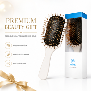 Befanty Luxury 24K Gold Scalp Massage Hair <b>Brush</b> with Beech Wood Handle Fashion Design for Home Use and Premium Beauty Gift - Product Image 1