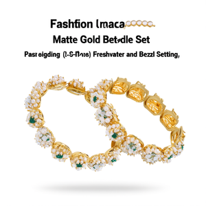 Matte Gold Bangle Set 2-Piece with Freshwater Pearl and Bezel Setting - Product Image 2