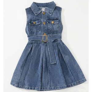 ชุดเดรสยีนส์เด็กผู้หญิงแขนกุดสีน้ำเงิน พร้อมเข็มขัด ชุดเดรสยีนส์ทรงเอแบบลำลองติดกระดุมด้านหน้าสำหรับเด็กผู้หญิง - Product Image 6