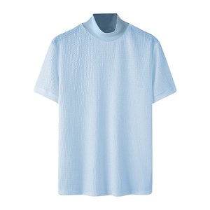 เสื้อยืดแขนสั้นคอเต่าสีฟ้าอ่อนสำหรับผู้ชาย ทรงโอเวอร์ไซส์ สีพื้น คอกลม คอสูง สวมใส่สบาย ทรงปกติ - Product Image 1
