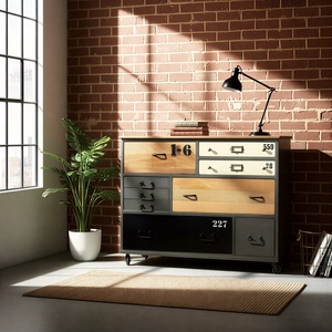 Commode d'appoint industrielle multi-tiroirs L 120 cm en bois de récupération et métal, fabriquée à la main, meuble de rangement mobile facilement déplaçable, style antique pour salon - Product Image 1