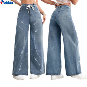 Vaqueros de mezclilla con pedrería para mujer, jeans brillantes con diamantes, estilo vintage, de alta calidad, cintura alta, holgados, de pierna ancha y recta. - Product Image 5