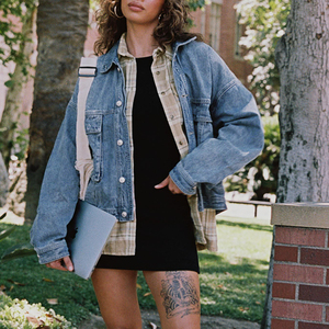 Women's Winter Bomber <b>Jacket</b> Eco-Friendly High Street Style Short Relaxed Fit 100% Cotton <b>Denim</b> - Product Image 2