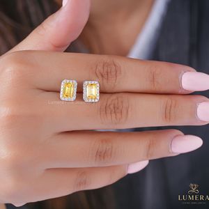 Fancy Yellow Emerald Cut Lab Grown Diamond Halo Stud <b>Earrings</b> Cluster Setting Gold Diamond Graduation <b>Earrings</b> Antique Jewelry - Product Image 2