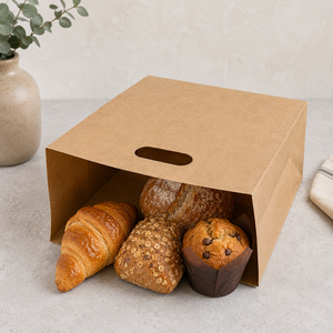 Sac en papier kraft à fond carré avec poignées découpées, porte-aliments recyclable pour boulangerie - Product Image 1