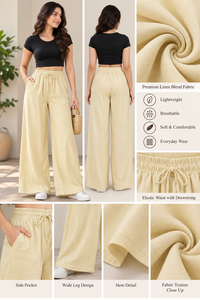 Pantalones Anchos Beige Premium para Mujer, Cintura Alta, Cordón Elástico, Logotipo, Casuales, Verano, Lino/Algodón, Lisos - Product Image 6