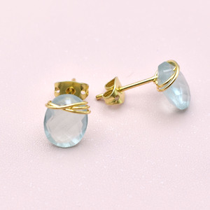 Aquamarine Gemstone <b>Stud</b> Earrings | Wire Wrapped Oval Blue Stone 8–10mm | March Birthstone Gift - Product Image 4