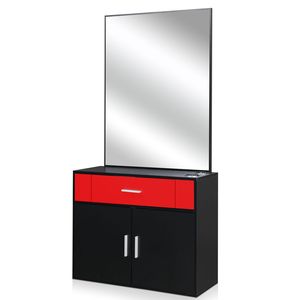 Mobiletto da Salone Nero e Rosso con 1 Cassetto e 1 Anta con Specchio, Top in Lino e Pannello in Truciolato E0 al 15%, per Cappotti da Donna, Codice 89091188 - Product Image 1