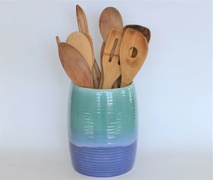 Glossy Stoneware <b>Utensil</b> <b>Holder</b> Dual Tone Finish Ribbed Base Heat Resistant Durable <b>Kitchen</b> Countertop Storage Organizer - Product Image 5