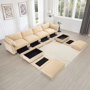 Divano componibile a U a 4 posti con seduta profonda e 2 pouf mobili per sgabelli e ottomane - Product Image 4