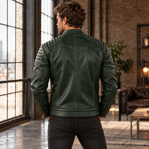 Veste de motard en cuir véritable noir pour homme avec épaules matelassées, panneaux texturés, fermetures éclair en laiton, poignets zippés et poches zippées - Product Image 5